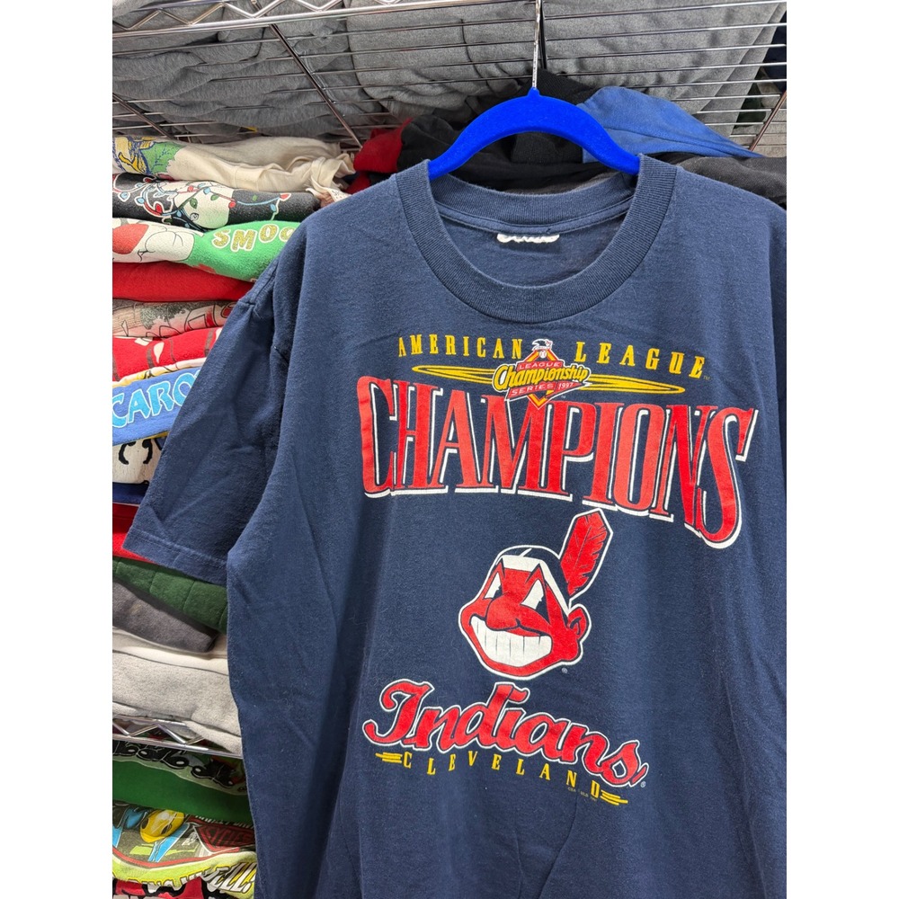 Vintage 1997 Cleveland Indians American League Champions T-Shirt Navy Blue XL